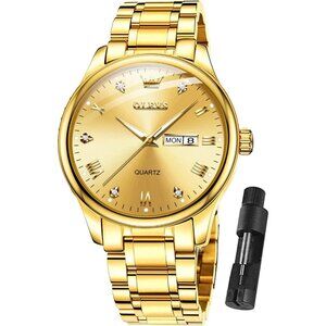 Olevs Men's Gold Steel Stainless Waterproof Stainless Luminous Stylish Watch
